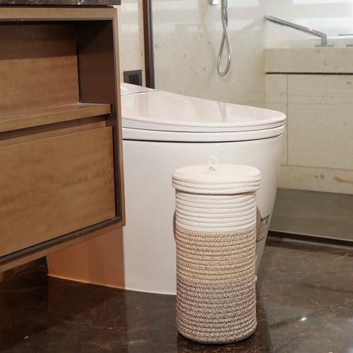 Toilet Paper Holder Handmade – Woven Cotton Toilet Paper Stand & Storage Basket with Lid, Freestanding Organizer for Bathroom, Fits 3 Mega Rolls Gradient Brown 14'' x 7'' - color: Gradient Brown