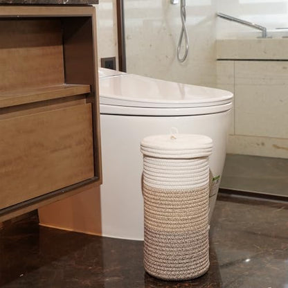 Toilet Paper Holder Handmade – Woven Cotton Toilet Paper Stand & Storage Basket with Lid, Freestanding Organizer for Bathroom, Fits 3 Mega Rolls Gradient Brown 14'' x 7'' - color: Gradient Brown