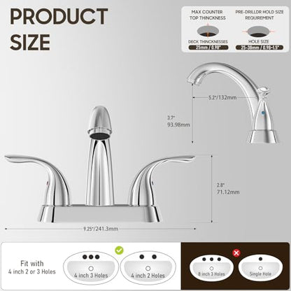 Chrome 4 Inch 2 Handle Centerset 2 or 3 Holes Bathroom Faucet, Vanity Sink Faucet with Copper Pop Up Drain and Water Supply Lines, BF008-5-C - color: Chrome, style: 1 Pack
