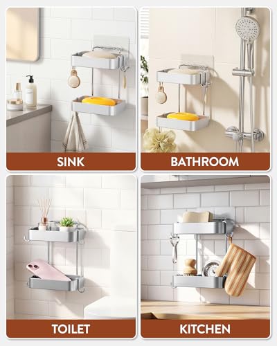 Orimade Aluminum 2 Tier Soap Holder for Shower – Wall Mounted Rustproof Soap Dish with Hooks, No Drilling Adhesive Soap Rack for Bathroom, Kitchen, RV – Quick Draining & Space Saving (Silver)