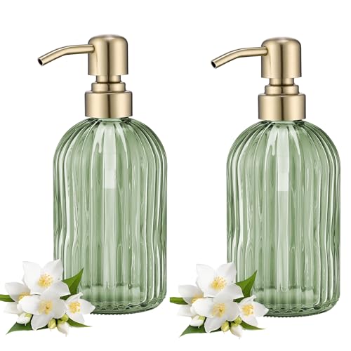16Oz Green Glass Soap Dispenser with Rust Proof Stainless Steel Pump, Green Stripe Bathroom Hand Dish Lotion Dispensers with Brushed Gold Pump,Brushed Gold Glass Soap Dispenser,2 Packs - color: Brushed Gold + Green, size: 2-Pack