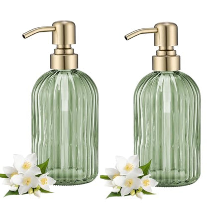 16Oz Green Glass Soap Dispenser with Rust Proof Stainless Steel Pump, Green Stripe Bathroom Hand Dish Lotion Dispensers with Brushed Gold Pump,Brushed Gold Glass Soap Dispenser,2 Packs - color: Brushed Gold + Green, size: 2-Pack