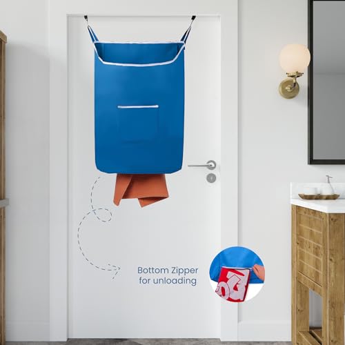The Fine Living Co. X-Large Hanging Laundry Hamper with Over Door Hooks & Adhesive, Durable Space Saving Laundry Bag with Zipper and Wide Open Top, Hanging Dorm Laundry Hamper 20"x3.75"x31" (Blue-XL) | Hanging Dorm Laundry Hamper with Over Door Hooks & Ad