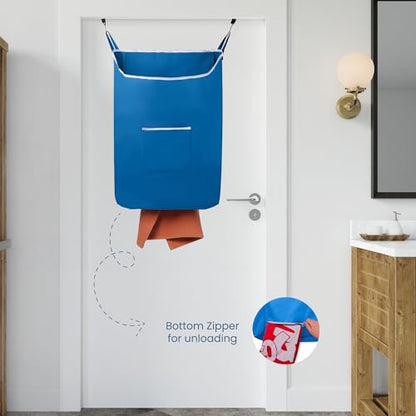 The Fine Living Co. X-Large Hanging Laundry Hamper with Over Door Hooks & Adhesive, Durable Space Saving Laundry Bag with Zipper and Wide Open Top, Hanging Dorm Laundry Hamper 20"x3.75"x31" (Blue-XL) | Hanging Dorm Laundry Hamper with Over Door Hooks & Ad