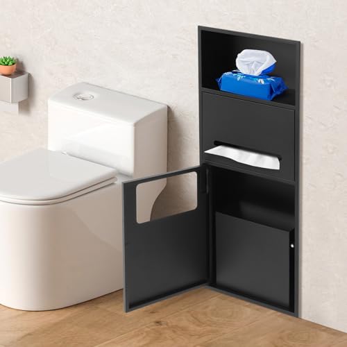 Recessed Toilet Paper Holder in Wall Tissue Toilet Roll Holder Stainless Steel recessed wall Niche Bathroom Toilet Paper Holder with Storage Cabinet for Kitchen Bedroom Hotel (27.5in-Black) - color: 27.5in-black