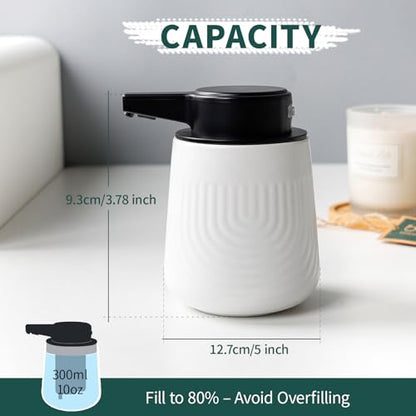 BosilunLife Ceramic Automatic Soap Dispenser with Extended Pump Nozzle, 3 Adjustable Levels, Touchless Foam Hand Wash Foaming Dispenser for Bathroom & Kitchen, Embossed Wave Design, White, 10oz - color: Embossed Wave-white