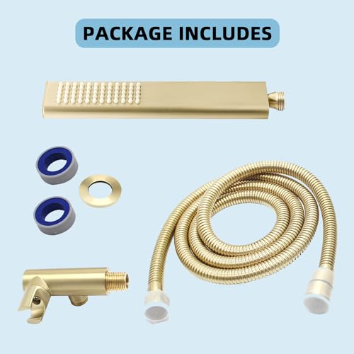 Solid Brass Handheld Shower Head Arc Design High Pressure Brushed Gold Hand Shower Wand with Adjustable Supply Elbow Wall Connector Shower Holder and 59″ Stainless Steel Hose Set - color: Brushed Gold