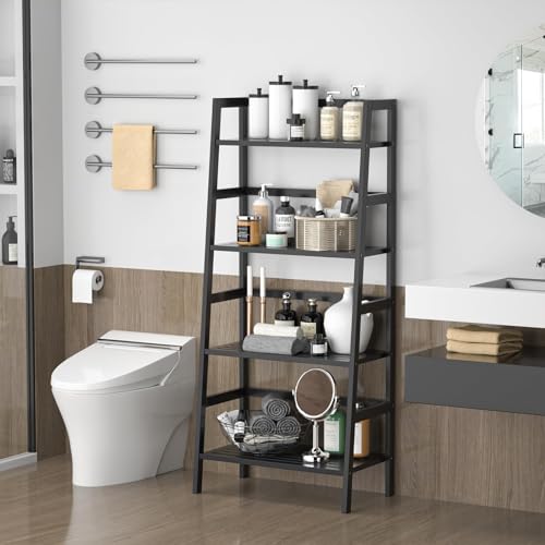 Bamboo Bookshelf 4-Tier Ladder Shelf, 49.2” Freestanding Open Bookcase Book Shelf Bathroom Storage Shelf Unit Plant Stand for Small Space, Living Room, Bedroom, Home Office, Black - color: Black