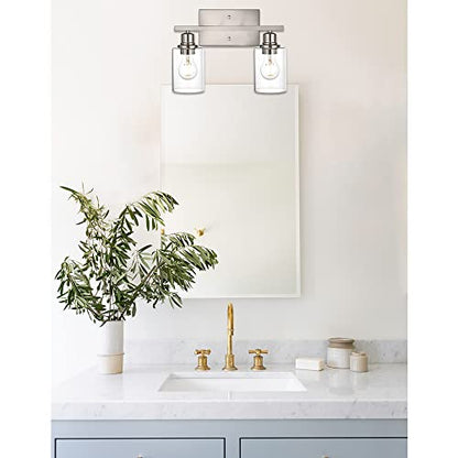 Modern Bathroom Vanity Light,2 Light Industrial Wall Sconces in Brushed Nickel Finish Indoor Metal Base Wall Mounted Fixture with Clear Glass Shade - color: Brushed Nickel, size: 2 Light