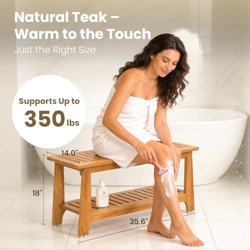 NNN 36" Commercial Heavy Duty Teak Shower Bench, Patented, Non-Slip Stable | with 8 Japan-Made Non-Slip Leveling Feet, Mortise-Tenon Legs 350lb, Pre-Oiled European Teak Oil, Marine-Grade Hardware - size: 36.2"W x 14" Dx 18"H