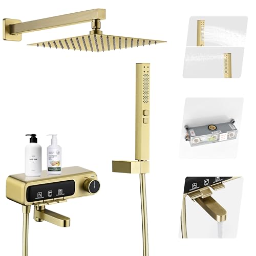 10" Square Rainfall Bathtub and Shower Trim Systems with Rotating Handheld Sprayer, Foldable Tub Spout, Wall-Mounted, Solid Brass Valve with Shampoo Platform- Brushed Gold (Square, Brushed Gold) - style: Square