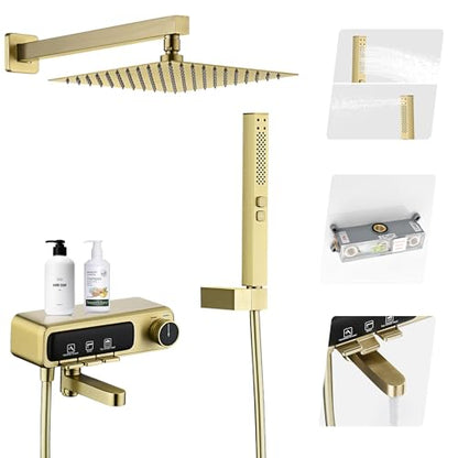 10" Square Rainfall Bathtub and Shower Trim Systems with Rotating Handheld Sprayer, Foldable Tub Spout, Wall-Mounted, Solid Brass Valve with Shampoo Platform- Brushed Gold (Square, Brushed Gold) - style: Square