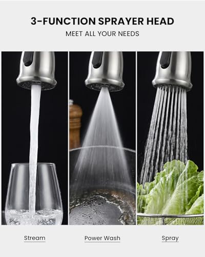 DAYONE 3 Holes Kitchen Sink Faucets with Pull Down Sprayer and Soap Dispenser, Separate Handle Brushed Nickel Sink Faucet for Kitchen, 2 Holes Single Handle High Arc - color: Brushed Nickel, style: Separate handle