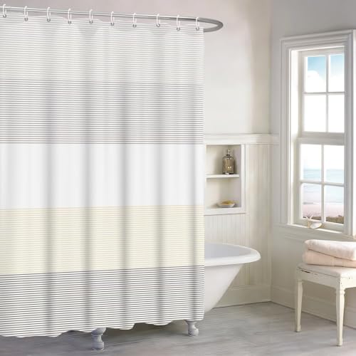 Boho Beige Brown Striped Stall RV Shower Curtain 54" Wx72 L | White Gray Bohemian Geometric, Polyester Waterproof, Machine Washable, Bathroom Small Curtain, Easy to Install with 10 Hooks - color: Beige, size: 54"W x 72"L (Pack of 1)