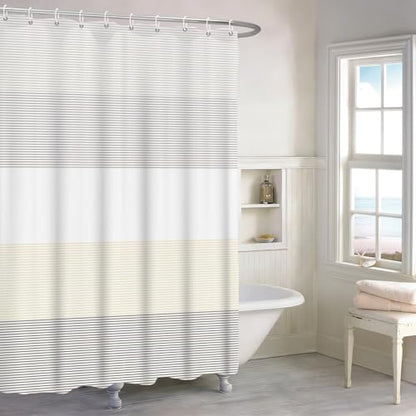 Boho Beige Brown Striped Long Stall RV Shower Curtain 54" Wx78 L | White Gray Bohemian Geometric, Polyester Waterproof, Machine Washable, Bathroom Small Curtain, Easy to Install with 10 Hooks - color: Beige, size: 54"W x 78"L (Pack of 1)