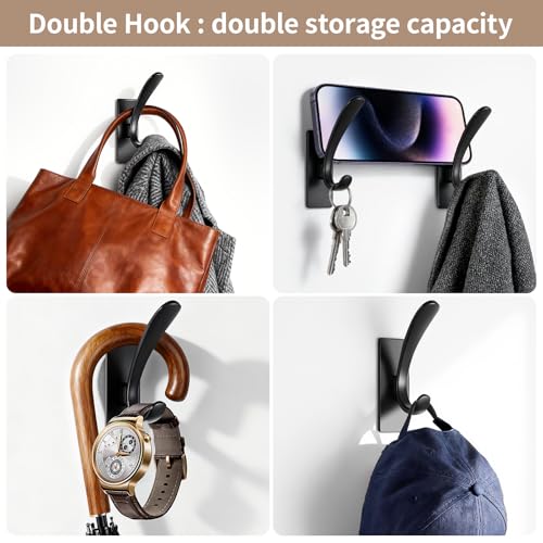 Self Adhesive Towel Hooks, Matte Black Metal Hooks,Waterproof Stainless Steel Hanger Coat Hooks for Hanging Coat,Towels, Bath Robe in Bathroom Kitchen Home - size: 4 Pack-Rectangular Double Hook