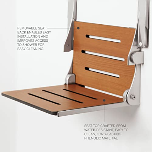 Seachrome Silhouette Comfort Folding Wall Mount Shower Bench Seat with Arms, Teak Seat with Silver Frame - color: Teak Seat With Silver Frame and Silver Arm Pads