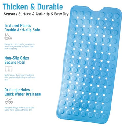 Silicone Anti Slip Bathtub Mat Bath Shower Non-Slip 35x16 for Standard Tub Kids for Elderly Safety Large Thick with Sensory Acupressure Textured Strong Suction Cups & Drain Holes Easy Clean & Dry - color: Blue