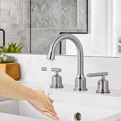 WOWOW Widespread Bathroom Faucet Brushed Nickel Bathroom Sink Faucet 8 inch Vanity Tap 2 Handle 3 Holes Deck Mount Taps with Drain - color: Brushed Nickel, size: Widespread