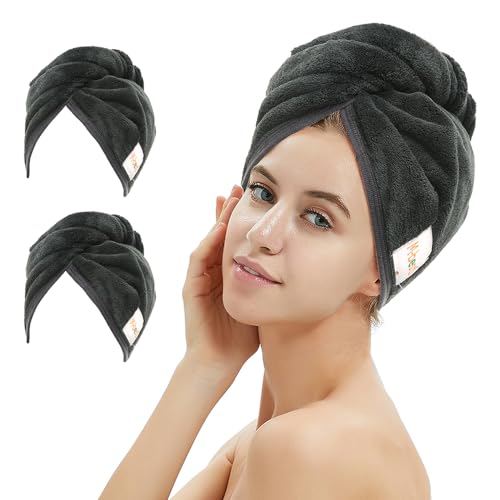 M-bestl 2 Pack Microfiber Hair Towel Wrap,Hair Drying Towel with Button,Absorbent and Anti-frizz Head Towel to Dry Curly or Straight Hair Quickly (Black) - color: Black