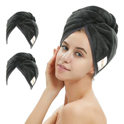 M-bestl 2 Pack Microfiber Hair Towel Wrap,Hair Drying Towel with Button,Absorbent and Anti-frizz Head Towel to Dry Curly or Straight Hair Quickly (Black) - color: Black