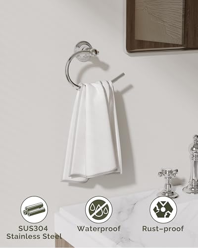 Chrome Towel Ring Wall Mounted for Bathroom, Hand Towel Holder | Polish 304 Stainless Steel Heavy Duty Towel Hanger Waterproof & Rustproof Towel Holder Raised Base - color: Chrome