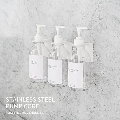 Shampoo and Conditioner Dispenser for Shower Wall 3 Chamber,Refillable Shampoo and Conditioner Bottles with Waterproof Labels,Soap Dispenser with Pumps - color: 3 Bottles 3 Wall Mounts-clear