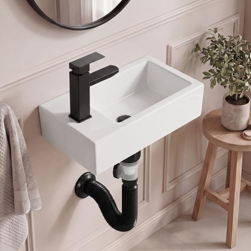 White Wall Mounted Ceramic Bathroom Sink, 18" x 10" Floating Vessel Sink | Rectangle, Black Faucet, Pop Up Drain, Ideal for Small Bathroom, Left Hand - size: 18''x10''