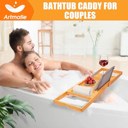 Bathtub Tray Caddy, Expandable Bamboo Bath Tray for Tub | Foldable Bath Table Trays with Non-Slip Pads, Bathroom Spa Accessories, Ideal Gift for New Home & Mom's Birthday - color: Bamboo