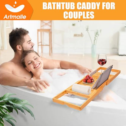 Bathtub Tray Caddy, Expandable Bamboo Bath Tray for Tub | Foldable Bath Table Trays with Non-Slip Pads, Bathroom Spa Accessories, Ideal Gift for New Home & Mom's Birthday - color: Bamboo