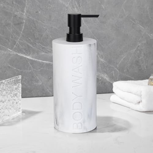 Resin White Marbled Body Wash Engraved Bottle Refillable Pump Dispenser, Durable Waterproof Construction for Bath, Shower - Resin White Marble - Matte Black Pump - color: Body Wash White Marbled