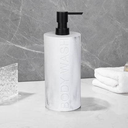 Resin White Marbled Body Wash Engraved Bottle Refillable Pump Dispenser, Durable Waterproof Construction for Bath, Shower - Resin White Marble - Matte Black Pump - color: Body Wash White Marbled