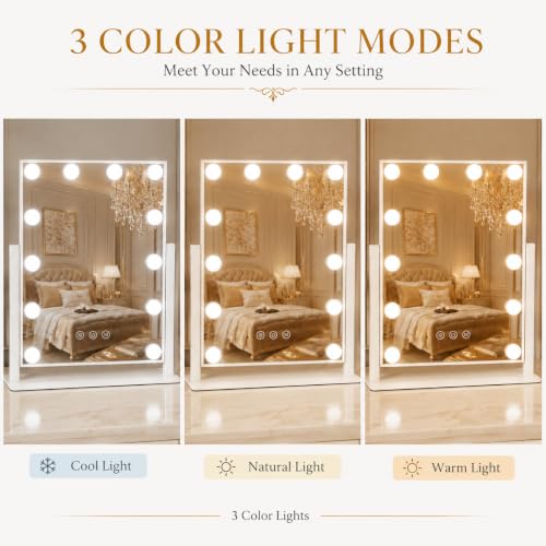 FENNIO Lighted Vanity Mirror, 13" x 16", 12 LED Bulbs, White | Vertical 12-light makeup mirror with 360° rotation, compact size, and a clean white vanity look. - size: 13"L x 17"W