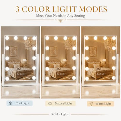 FENNIO Lighted Vanity Mirror, 13" x 16", 12 LED Bulbs, White | Vertical 12-light makeup mirror with 360° rotation, compact size, and a clean white vanity look. - size: 13"L x 17"W