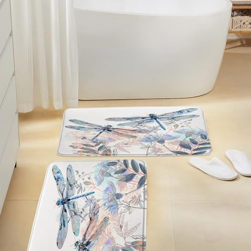 2 Pcs Dragonfly Bath Mat Abstract Flowers Leaves Nature Animals Botanical Memory Foam Soft Doormat Kitchen Bathroom Mat/Rugs, 16x24 Inch and 18x30 Inch - size: 16x24 Inch+18x30 Inch(40x60CM+45x75CM)
