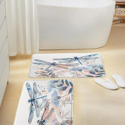 2 Pcs Dragonfly Bath Mat Abstract Flowers Leaves Nature Animals Botanical Memory Foam Soft Doormat Kitchen Bathroom Mat/Rugs, 16x24 Inch and 18x30 Inch - size: 16x24 Inch+18x30 Inch(40x60CM+45x75CM)