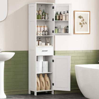 67" Tall Bathroom Storage Cabinet with Adjustable Shelf, Narrow Cabinet | Farmhouse Kitchen Cabinet with 2 Doors, Narrow Floor Cabinet for Kitchen, Bathroom, Dining Room, Laundry Room, White
