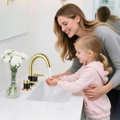 Black and Gold Bathroom Faucet 3 Hole, 2-Handle Widespread Faucet | Lead-free stainless steel, pop-up drain, Detachable faucet aerator, 360°swivel, for RV & vanity sink 3-hole mount - color: 1-Brushed Gold & Black, style: 8 Inch Widespread