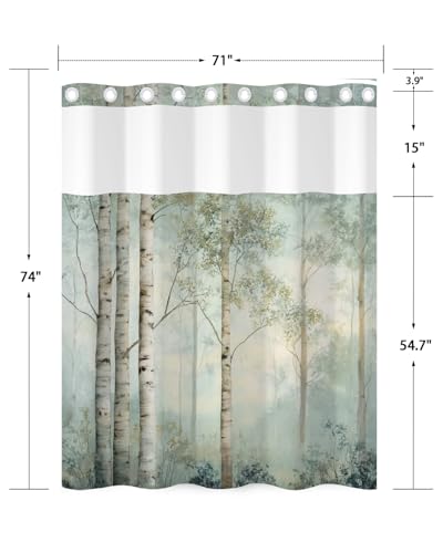 No Hook Woodland Shower Curtain with Snap in Liner, 71x74 Inch | Double Layer Waterproof Bath Curtain with Mesh Top, Soft Green Birch Trees Misty Forest Print for Modern & Farmhouse Bathroom - color: Forest-2