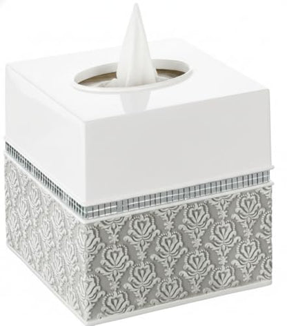 Mirror Damask White & Gray Square Resin Tissue Box Cover with Bottom Slider - color: Square Tissue Box Cover