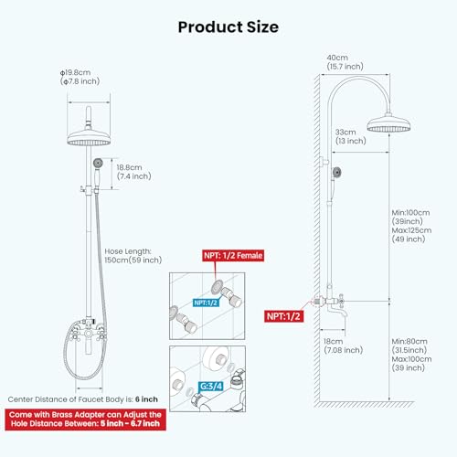gotonovo Exposed Shower Faucet Set with Tub Spout Antique Brass | Brass Bathroom Shower System,8 Inch Rainfall Head with Handheld Spray and Tub Filler,Adjustable Height,6’’ Hole Distance - color: Antique Gold