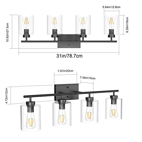 Aipsun 4 Lights Black Bathroom Vanity Light Over Mirror with Clear Glass Shades Industrial Bathroom Light Fixtures (Exclude Bulb) - size: 31 inch