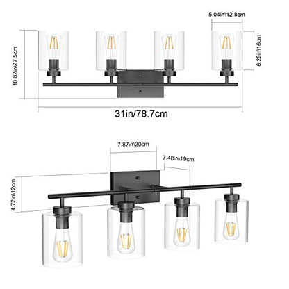 Aipsun 4 Lights Black Bathroom Vanity Light Over Mirror with Clear Glass Shades Industrial Bathroom Light Fixtures (Exclude Bulb) - size: 31 inch