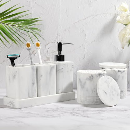 Bathroom Accessories Set, 6 Piece Soap Dispenser Set - Marble White | Bathroom Set with Toothbrush Holders, Soap Dispenser, Vanity Tray, Tumbler, Cotton Swab Jars, Bathroom Organizer and Storage - color: White