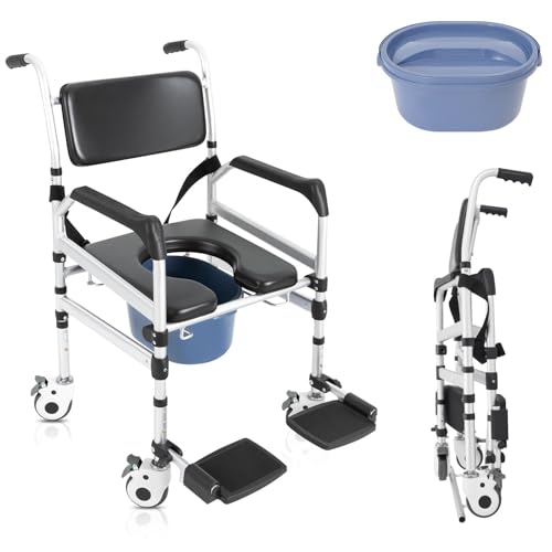 Shower Chair with Wheels, 353LBS Aluminum Alloy Rolling Shower Chair 4 in 1 Foldable Height Adjustable Shower Wheelchair Padded Arms, Back and Large Commode for Seniors
