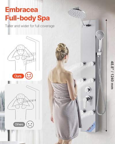 VEVOR Shower Panel Tower System with Rainfall Shower Head, 49 in Brushed Stainless Steel Shower Column, 3-Function Faucet, High Pressure Wall-Mount Rain Massage System with 6 Body Jets and Handheld