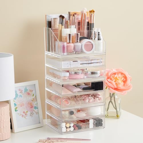 STORi Stackable Desk Drawer Organizer, Clear Pen Pencil Makeup Brush Holder for Desktops and Vanities, 4 Wide Drawers (Made in USA) - style: 7.5"W x 1.5"H Drawers (Set of 4)