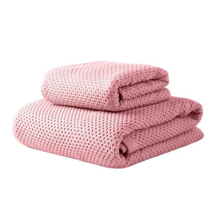 100% Cotton Waffle Weave Bath Towels Sets Soft Quick Dry Lightweight 1 Towel 1 Bath Towel Set,Pink,140 * 70cm - color: Pink