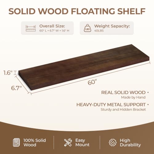 60 inch Long Walnut Floating Shelves Set of 1 | Solid Wood Large Wall Shelves with Invisible Brackets for Living Room, Bedroom, Bathroom, Kitchen, Laundry Room (Walnut, 60 Inch) - color: Walnut, size: 60 Inch set of 1