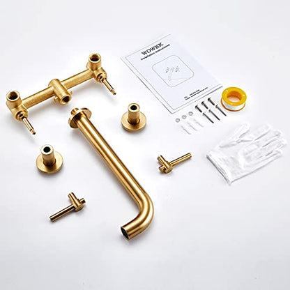 Wall Mount Tub Filler Brushed Gold Tub Faucet Brass Bathroom Bathtub Faucets with 2 Handles - color: Brushed Gold
